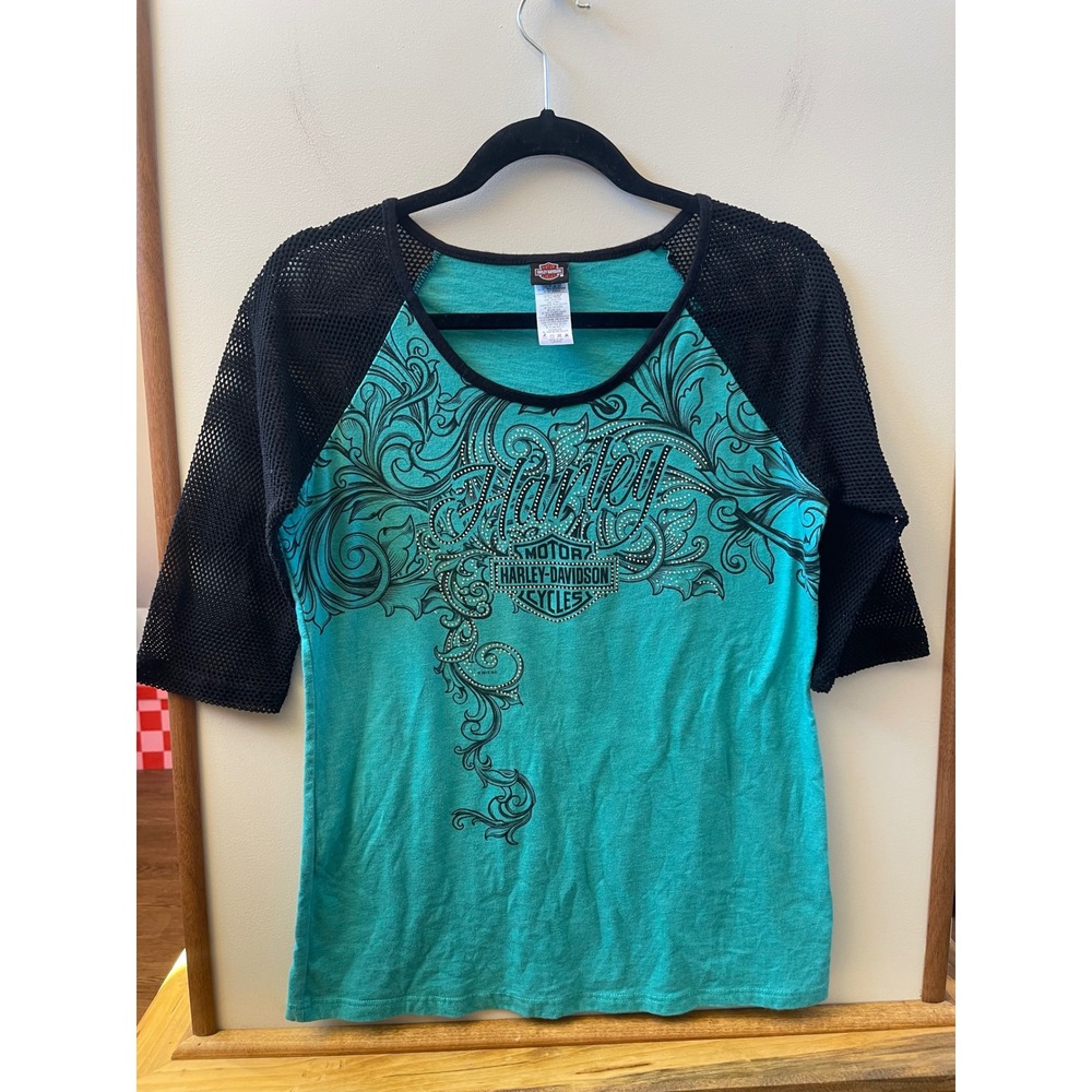 Harley-Davidson Graphic Top Womens Large Teal Mesh Raglan Rhinestone